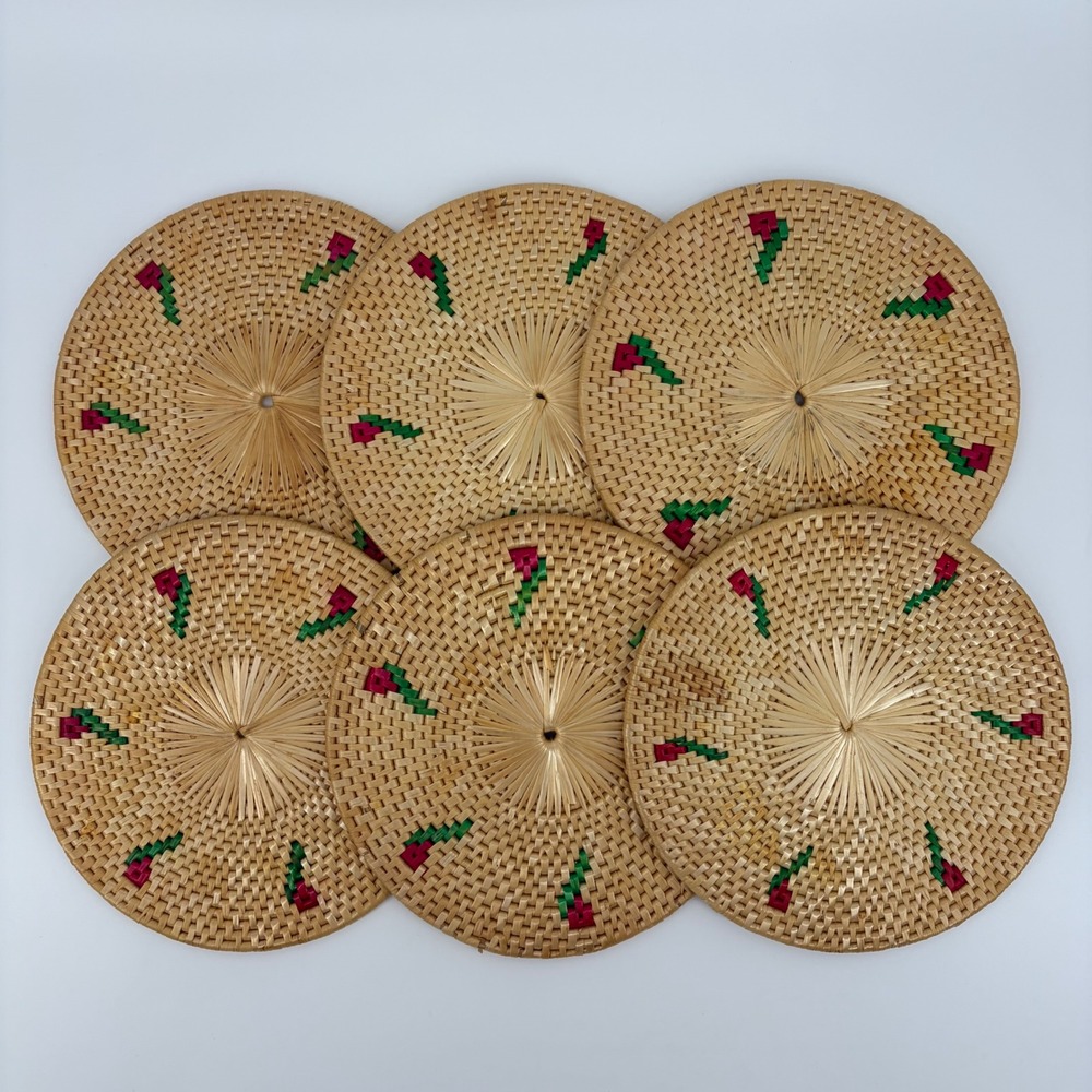 Set of 6 Woven Wicker Placemats Red Floral Rose Embroidered Round 11"